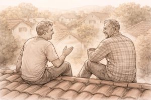 voisins-discutent-toit-tuiles-arbres