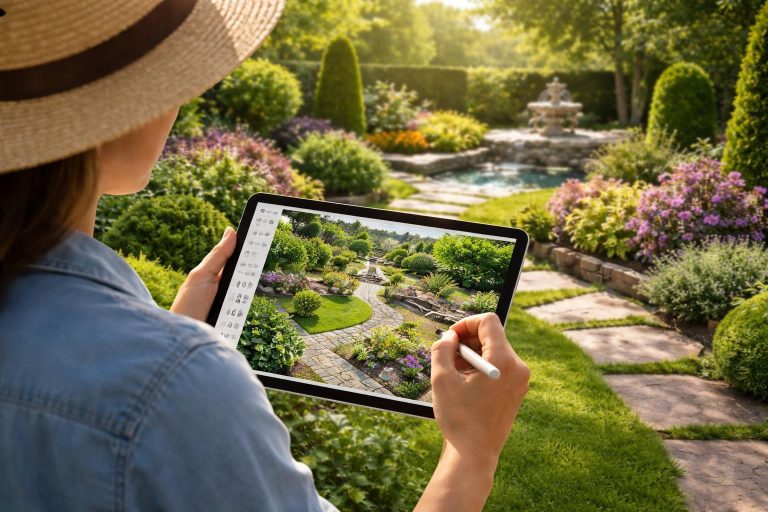 jardin-elegant-personne-tablette-fleurs
